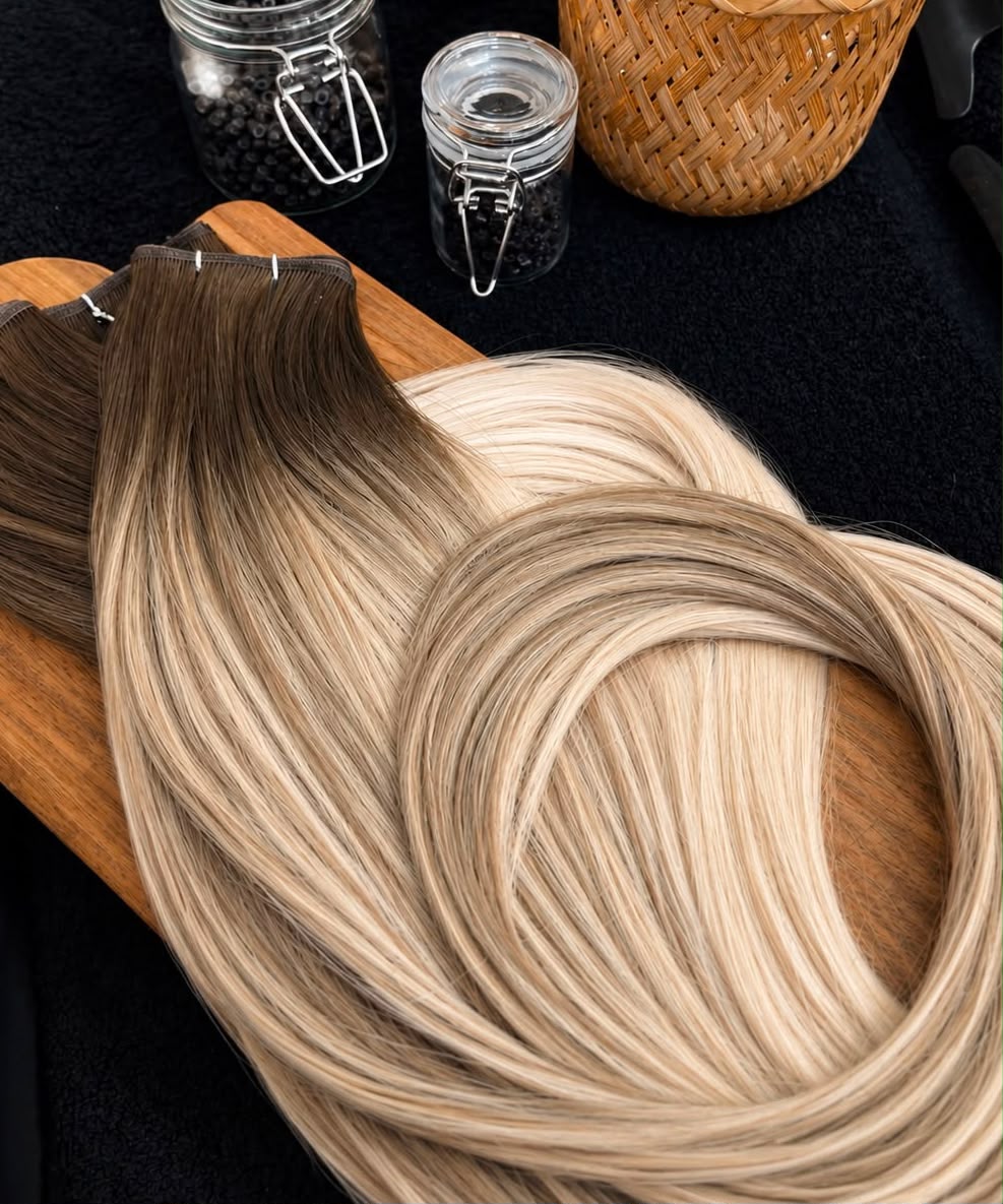 Long glossy hair extensions in golden light at Malibu Hair UK Exeter